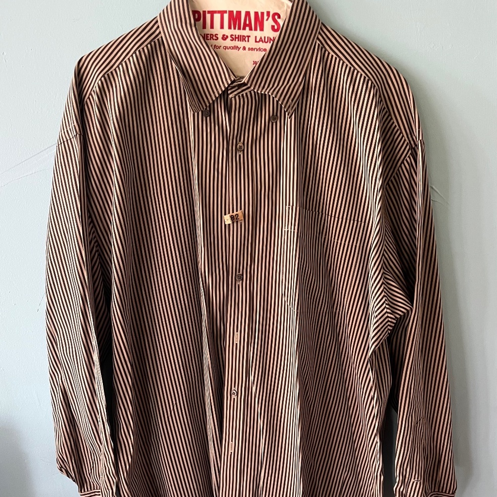 Vintage Nordstrom Classic Mens Black and Tan Pinstripe Shirt  17.5/34